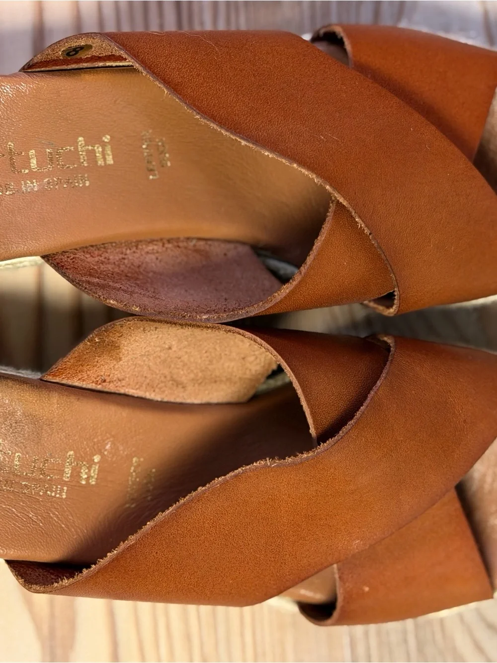 Bertuchi Spain Leather Cross-Band Wedge Sandals Womens Size 8 Brown Slide Mules
